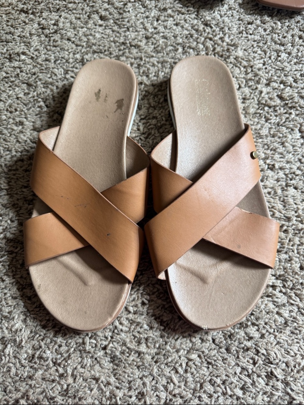 Catherine Malandrino Tan Leather Crisscross Slide Sandals